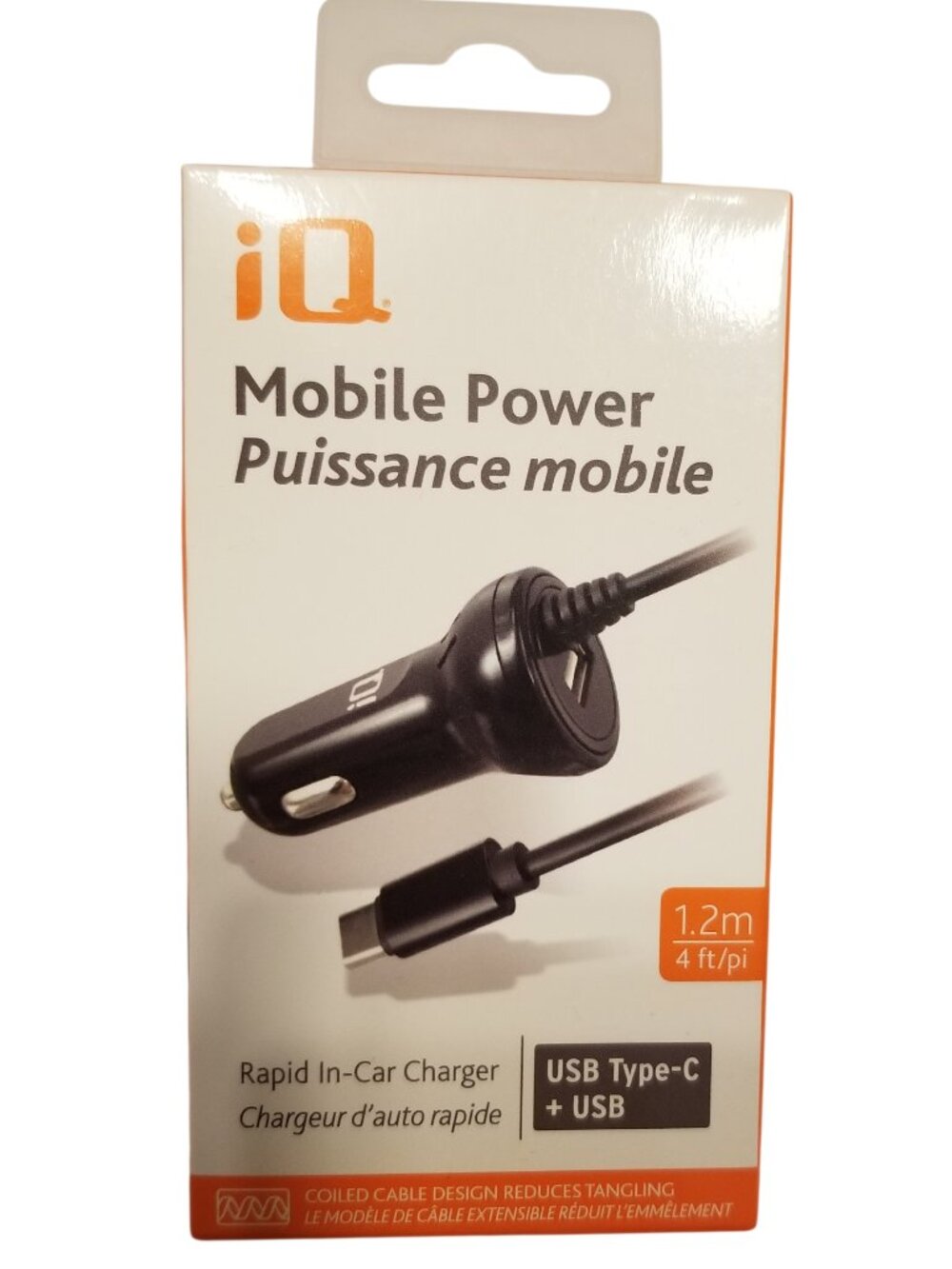 New iQ Mobile Power Rapid in Car Charger USB Type C & USB Coiled Cable 1.2m/4ft